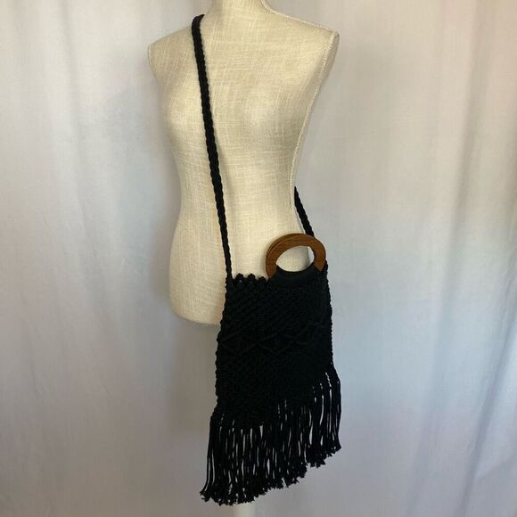 Anthropologie Danielle Nicole Black Boho Retro Macrame Bag Crossbody Tote Gypsy - Picture 7 of 7
